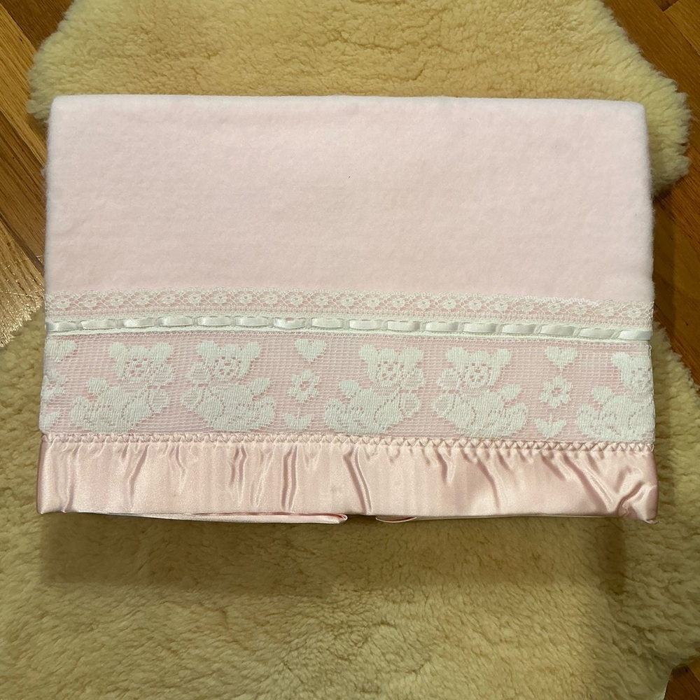 Vintage Quiltex pastel pink baby blanket with teddy bear lace trim